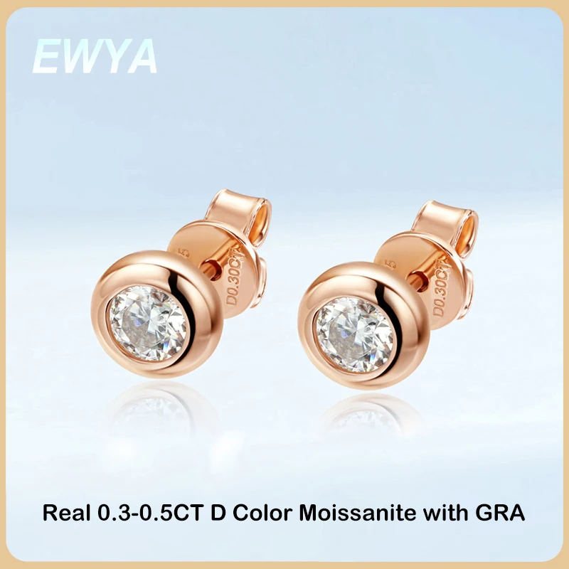 EWYA Okrągła ramka 0.3/0.5CT Kolczyki z moissanitem dla kobiet S925 Posrebrzane 18-karatowe różowe złoto Pass Diamond Test Bubble Ear Studs