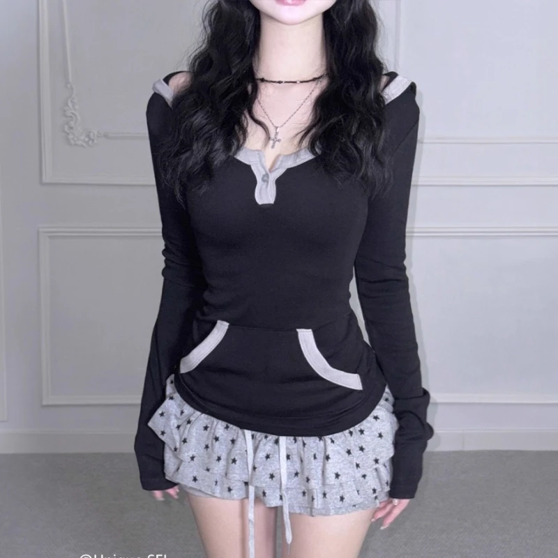 

Streetwear Contrast Color Patchwork Hooded Long-sleeved T-shirt Women 2025 Autumn New Korean Style Sexy Slim All-match Tops