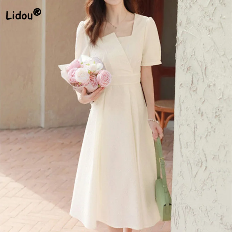 Advanced Sense Gentle Wind Fairy Dresses Summer Clothes for Women Square Collar White Short Sleeve A-line Irregular Midi Dress