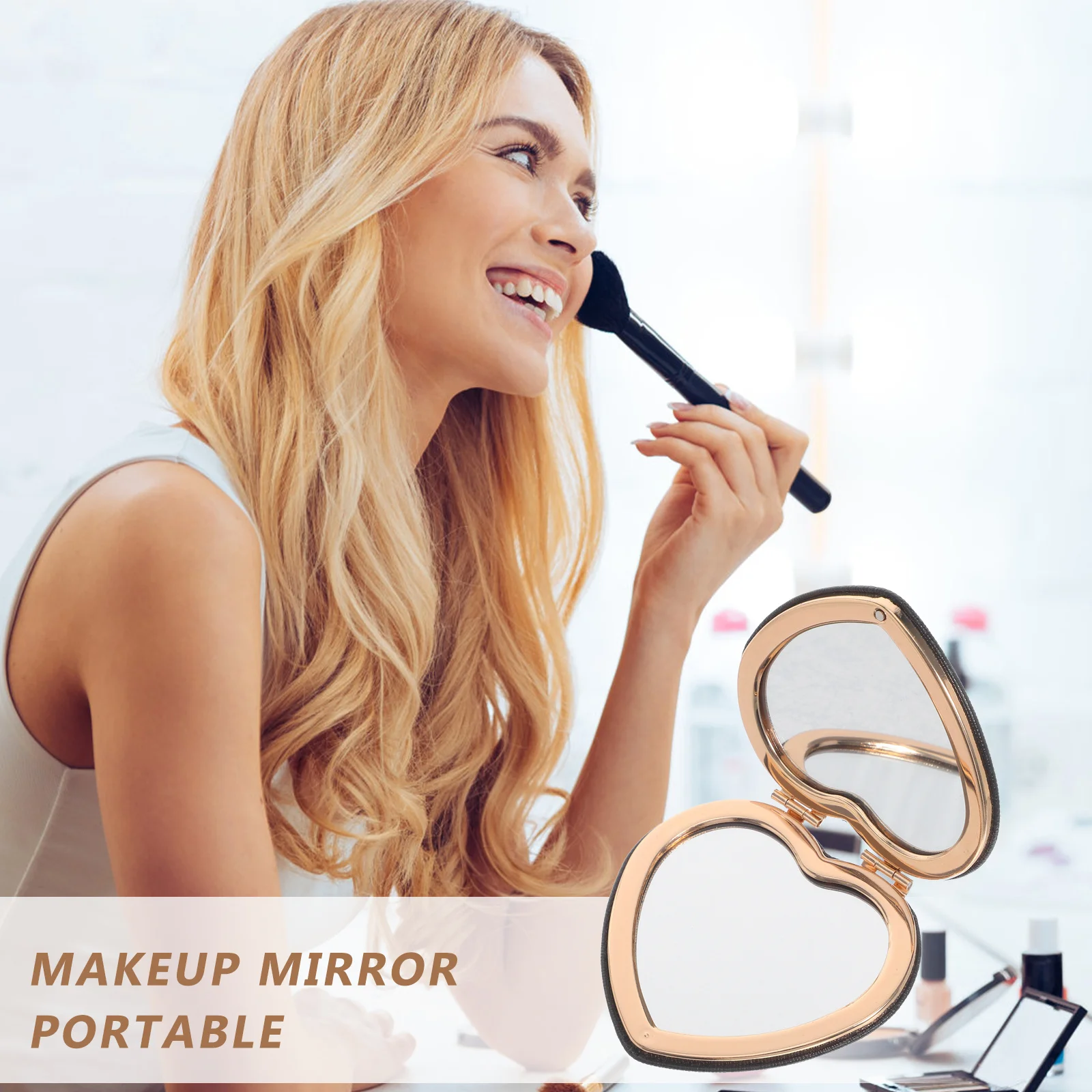 2 uds en forma de corazón compacto plegable de doble cara maquillaje portátil para bolso espejo pequeño de bolsillo con bisagra de Metal transparente