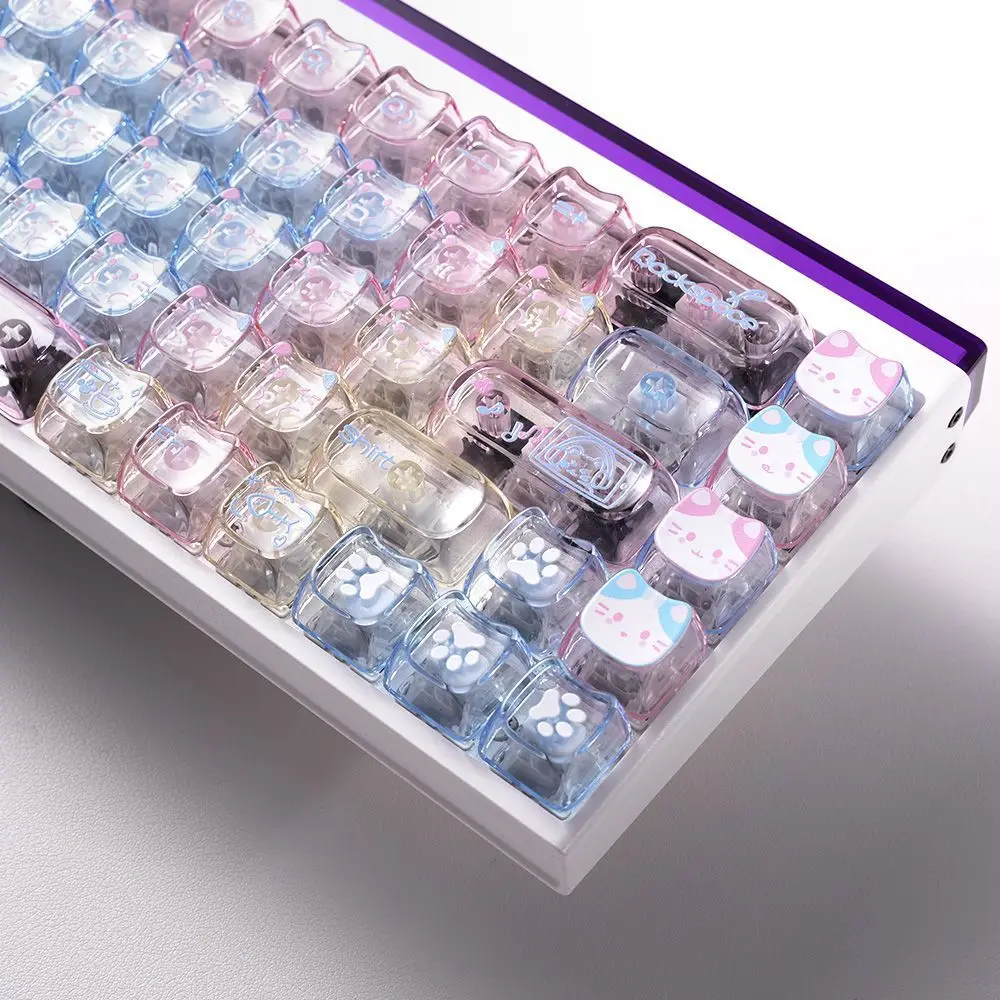 Kawaii Cat-Shaped Keycaps 79-Key MOA Profile PC Material Mechanical Keyboard Keycaps MX Switches Transparent Keycaps Girl Gifts