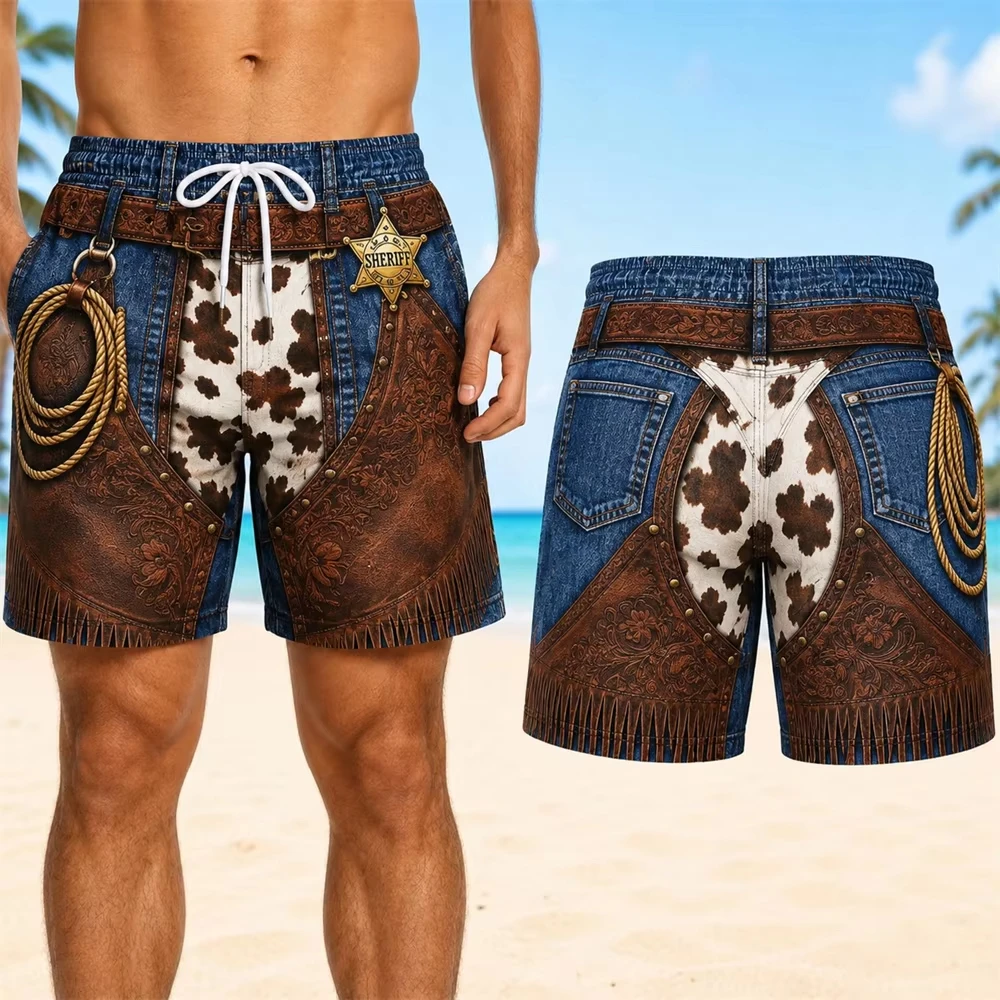 Retro 3D Print Cowboy Style Funny Beach Shorts For Men Quick Dry Breathable Drawstring Board Short Summer Novel Unique Shorts