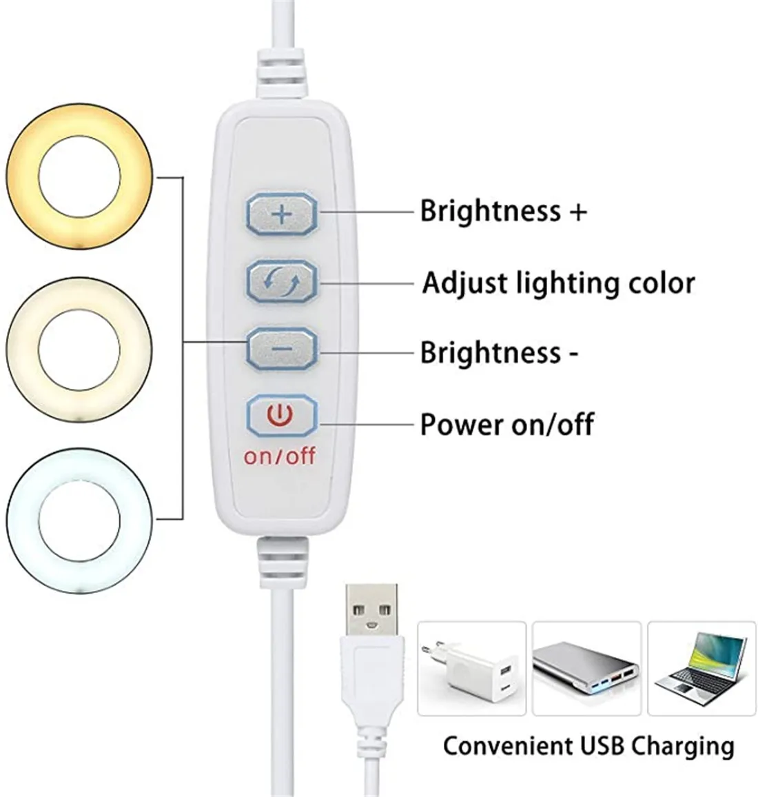 5W 10 Brightness and 3 Color Dimmable LED Reading Light USB Powered LED Ring Light for Bedside Reading Makeup Meeting Webcam