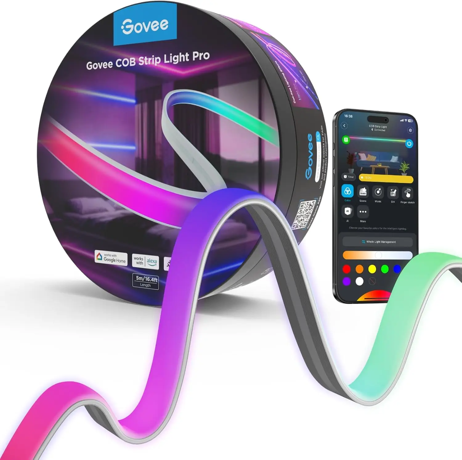 

Умные светодиодные ленты COB, совместимые с Alexa и Google Assistant, изменение цвета RGBICW, 5 метров для спальни и шкафа