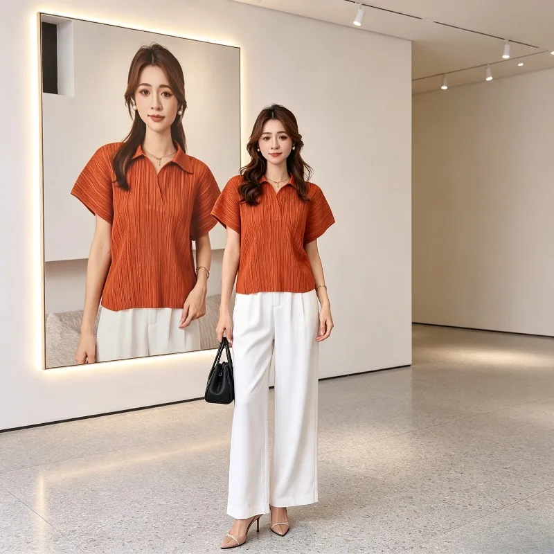 

Miyake Pleated Original 2026 Summer New High-end Fashion Casual Solid Color Short Sleeve Pleated Polo Collar Top for Women Pleat