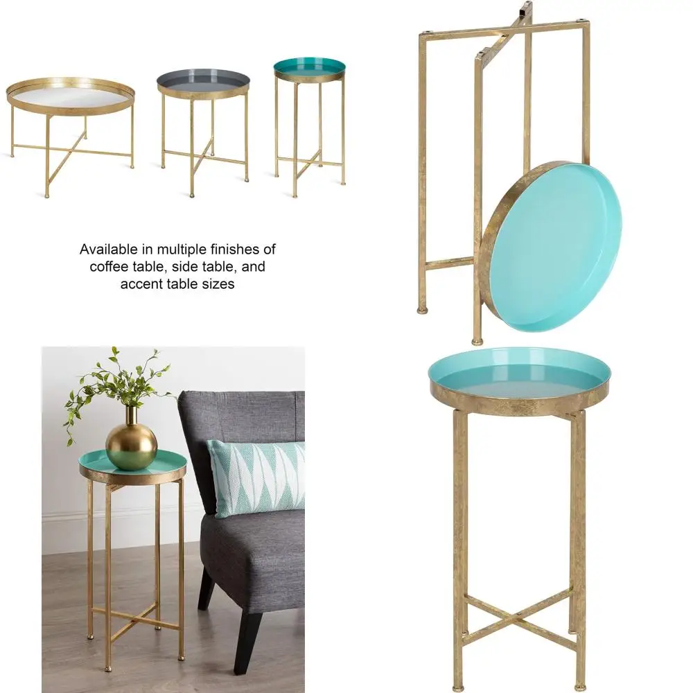 

14 x 14 Foldable Accent Table, Light Teal & Gold, Modern Minimalist Style with Magnetic Top