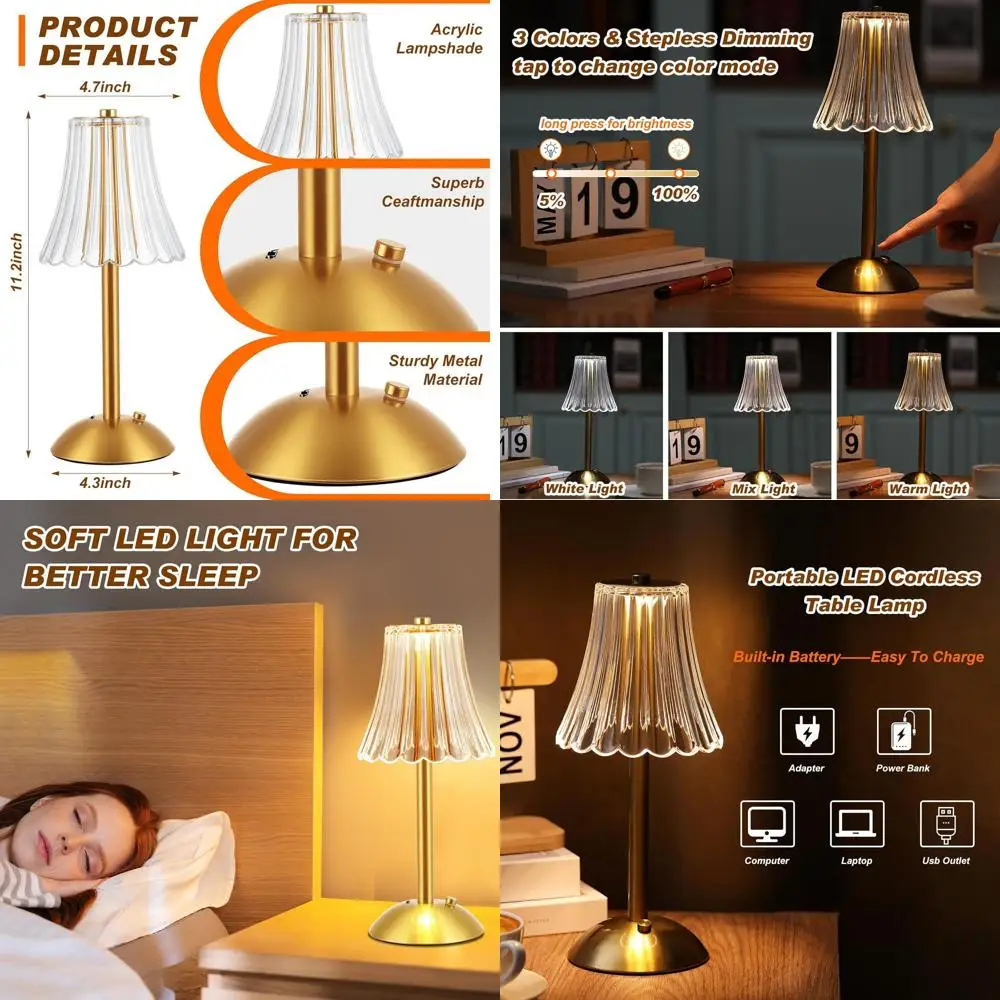 

4-Piece Cordless LED Desk Lamp, Rechargeable Touch Control, Portable USB-C, 3-Color Dimmable, Gold & Rose Style for Home Use