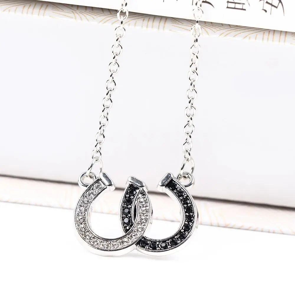 1X Rhinestone Double Horse Hoof Pendant Necklace Jewellery Black White