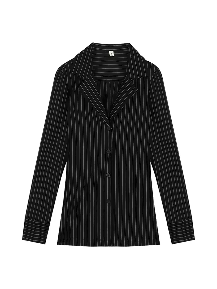 SUNSIREN Korean Fashion Black Shirts Women Office Lady Striped V-Neck Shirt Elegant Vintage Long Sleeve Blouses 2024 Autumn