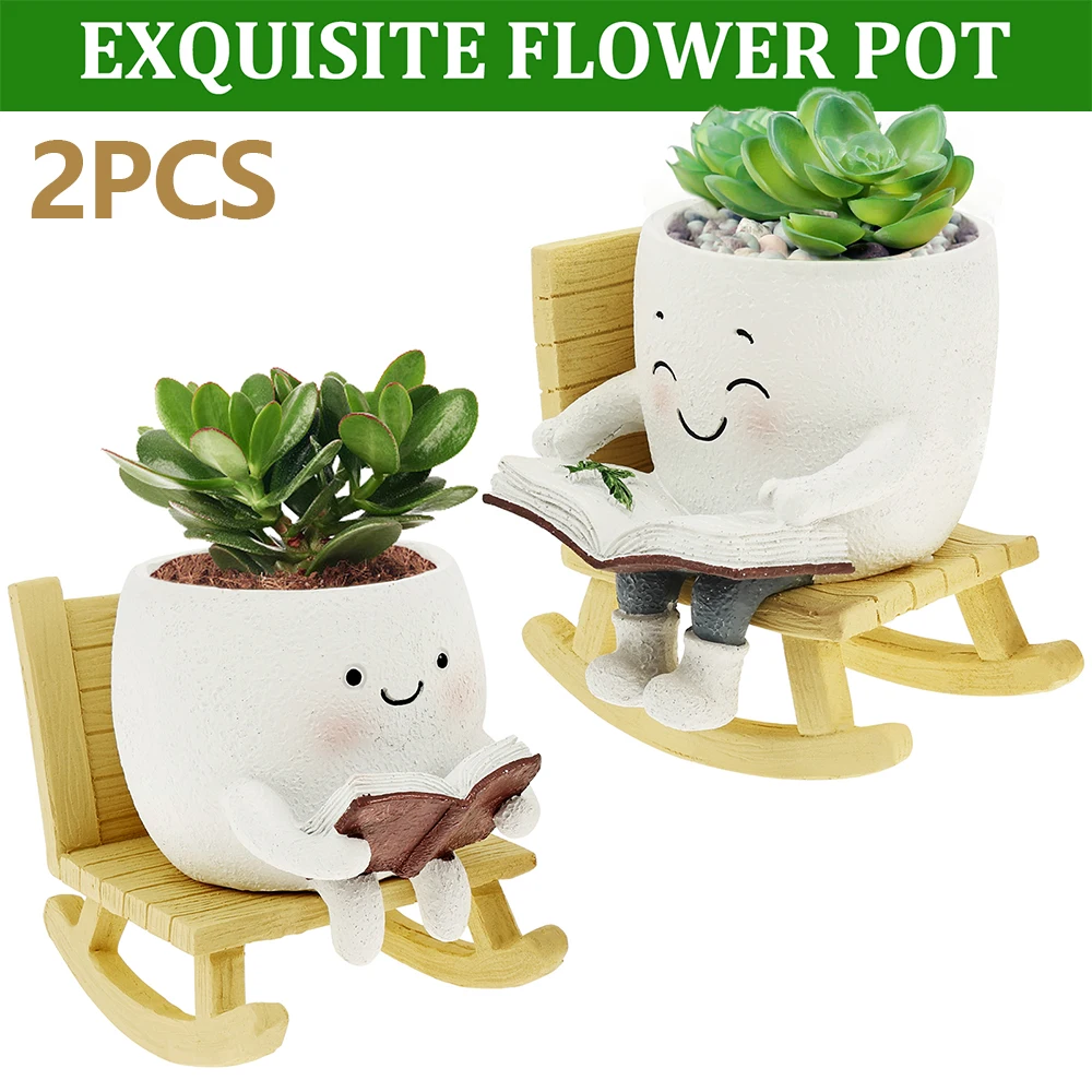 

2 шт. кресло-качалка с улыбкой на лице, кашпо из смолы, цветочный горшок с улыбкой на лице и дренажным отверстием, милый горшок для сочных изделий для украшения сада