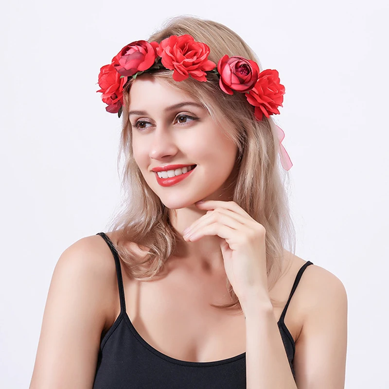 Artificial Flower Wreath with Ribbon Hairband Handmade Wedding Headbands Flowers Garland Wreath Hair Accessories for Women