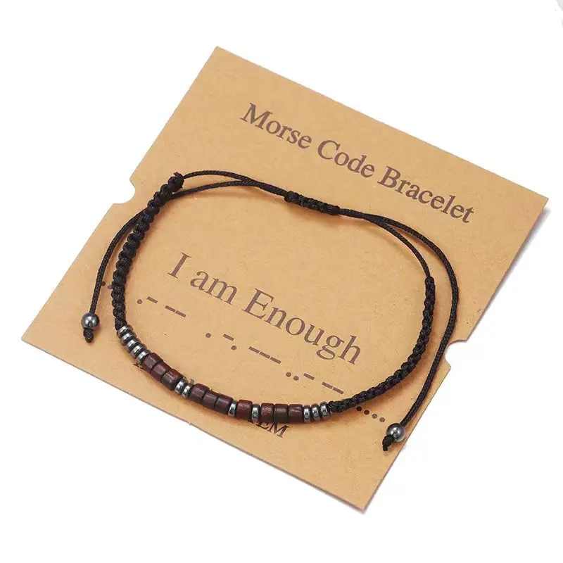 Handmade Morse Code Bracelet Jewelry Adjustable Wooden Beads I Am Enough Blessed Faith I Love You Family Bijoux For Women Men