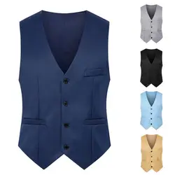 Chaleco de traje de Color puro para hombre, chaleco de negocios delgado de un solo pecho, chaleco Formal con cuello en V