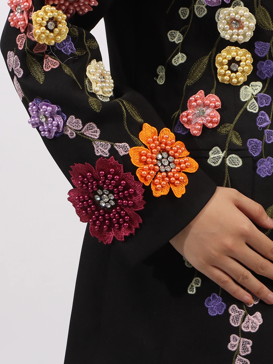 TWOTWINSTYLE Colorblock Loose Spliced 3D Flower Casual Blazer for Women Lapel Long Sleeves Patchwork Bead Fashion Blazer Female