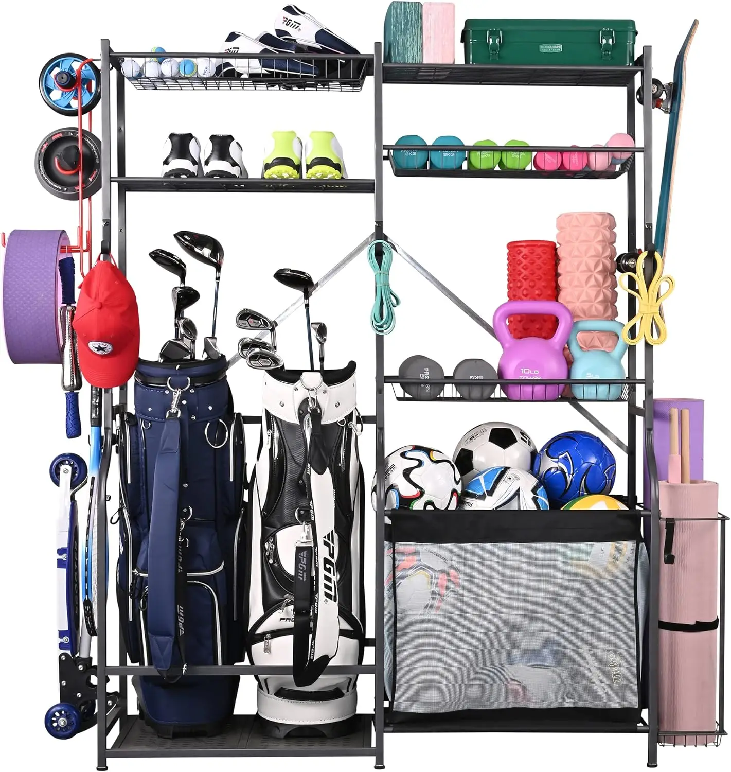 PLKOW Golf Storage Ball Rack Garage Organizer, 2 Golf Bag Organizer and Other Sports Equipment Organizer for Garage, Extra Large