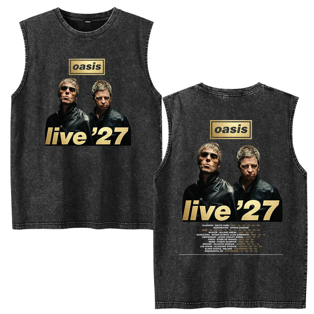 Rock Band Oasis Live 27 Tour Vintage Washed Vest T Shirt Men's Gothic Oversized Cotton T-shirts Hip Hop Loose T-shirt Streetwear
