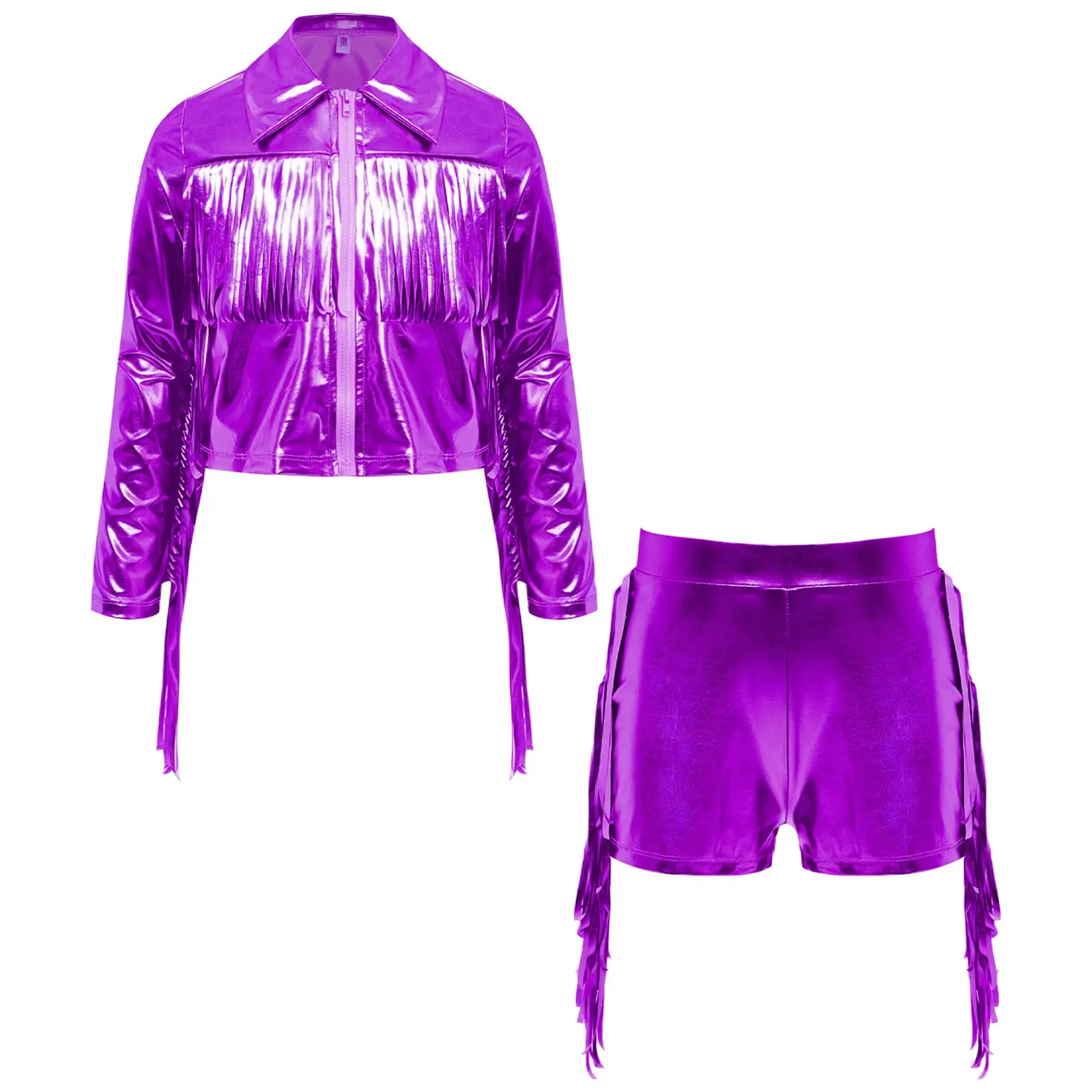 Pakaian tari Tango Jazz metalik rumbai anak perempuan kostum pertunjukan jaket pinggiran ritsleting lengan panjang dengan celana pendek pakaian tari disko