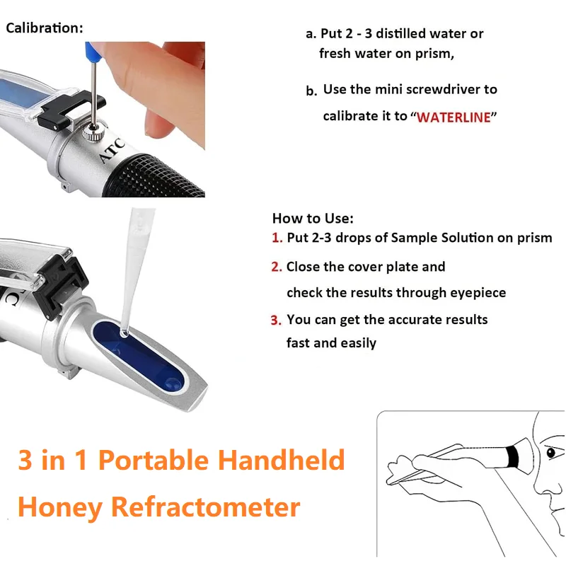 

3 in 1 Portable Handheld Honey Refractometer for Honey Moisture Brix and Baume Sugar Prism Refractometer Honey Tester with ATC