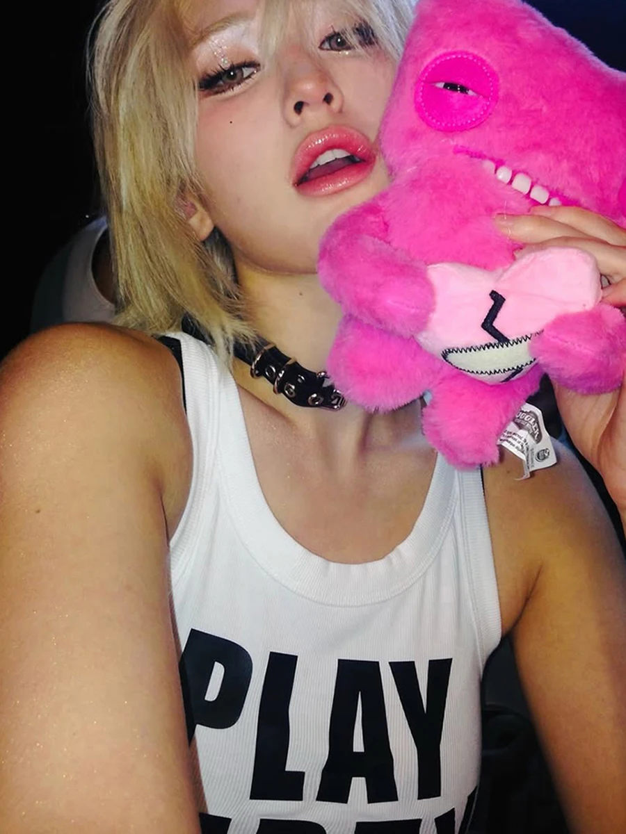 Weird Puss Stage Idol Sle Letter Print Svel Slim Fit Damesvest Pittig Trendy ort Lengte Polyester Blend Top