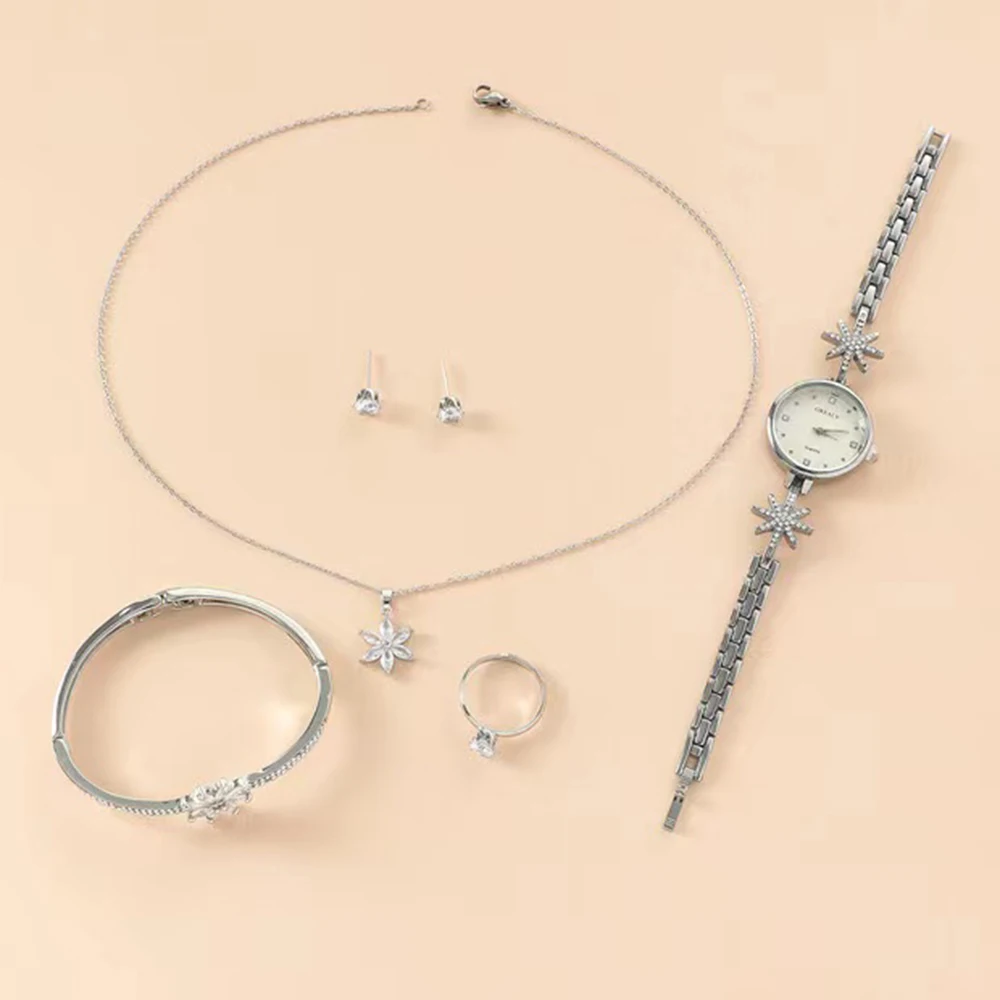 Conjunto de reloj de cuarzo para mujer, pulsera de moda, conjunto de joyería femenina, 5 piezas, collar, pendientes, anillo, relojes, regalo con caja