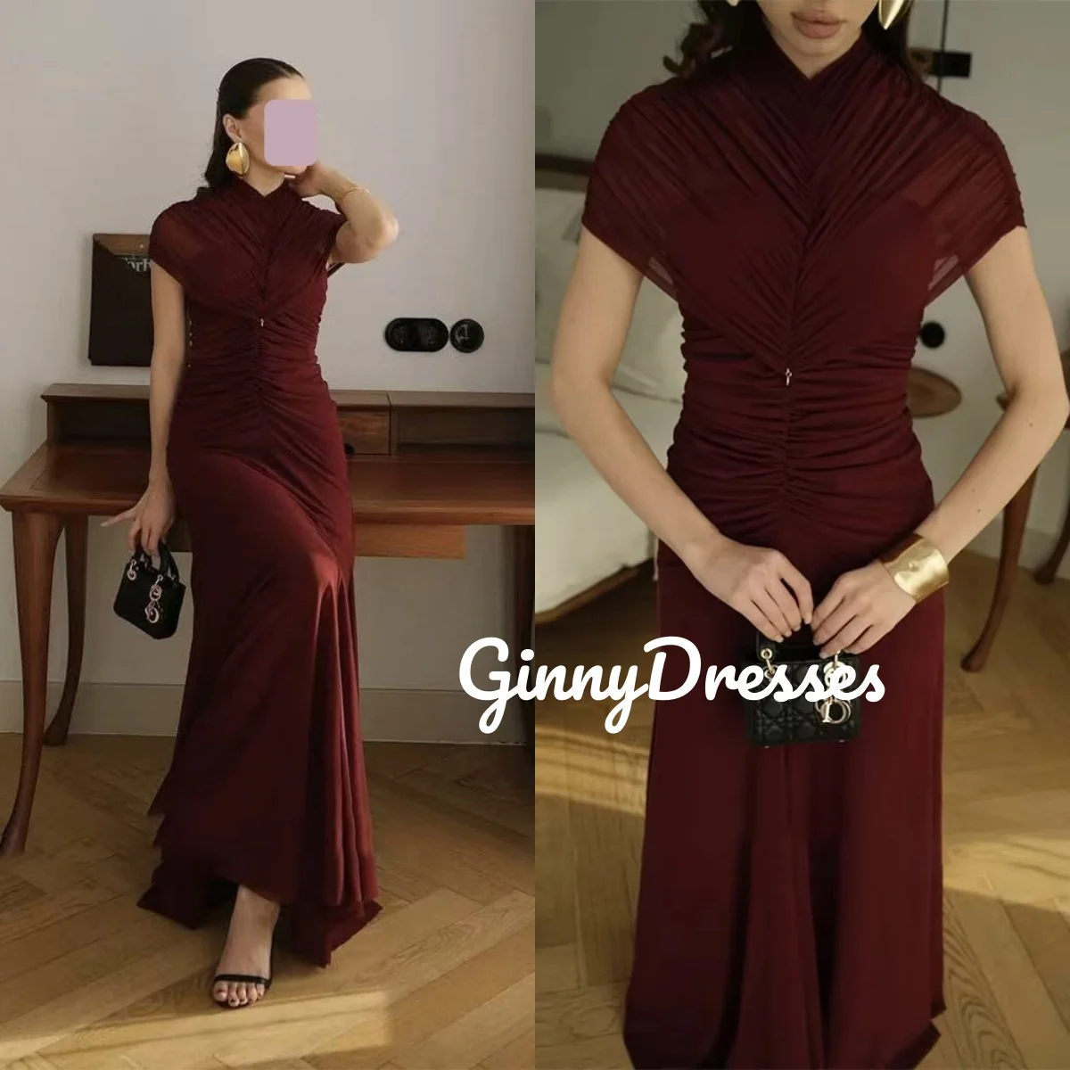 

Party Dresses Customize Mermaid Scoop Neckline Zipper Up Elegant Party Dresses For Women Ruffle Short Sleeves Floor-Length Dress