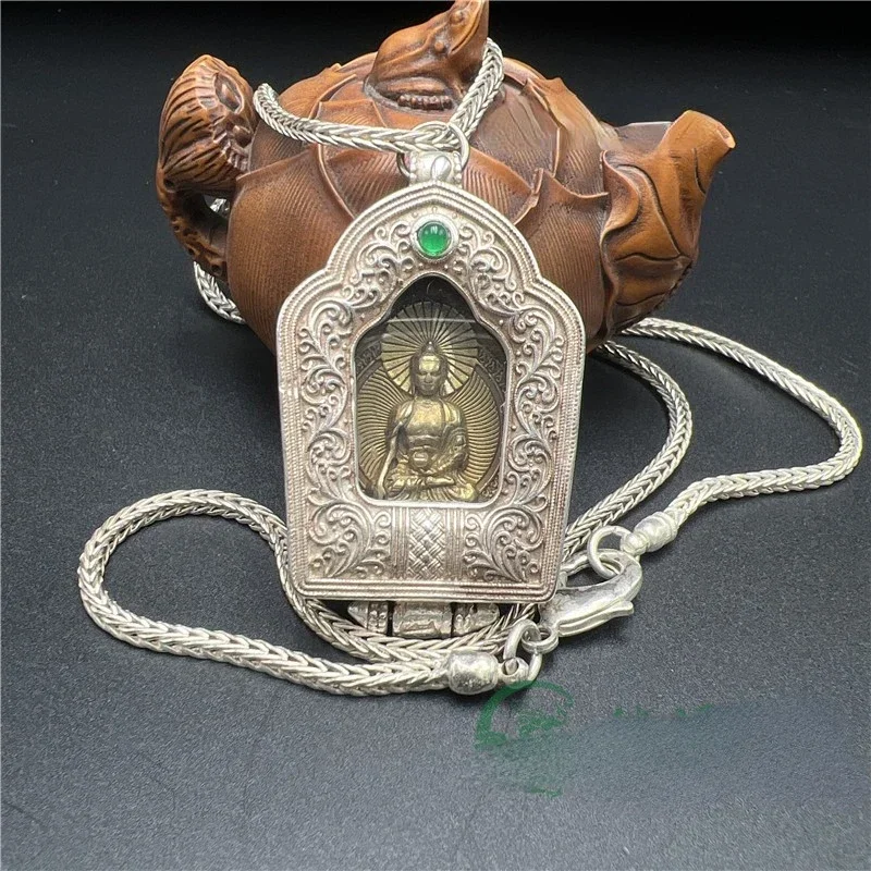 Chinese Collection Tibetan Silver Sakyamuni Buddha Statue Amulets Necklace