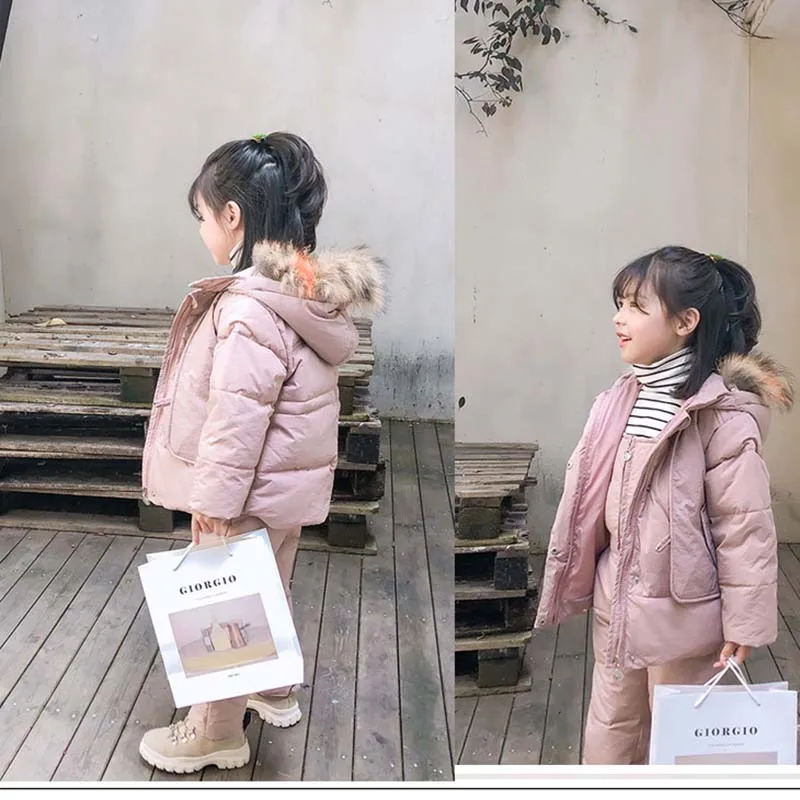 2023 New Winter 2 3 4 6 8 Years Fur Hooded Jacket+Overalls Suit 2Pcs Duck Down Children Clothing Set for Baby Kids Girls Boys