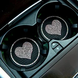 2pcs DIY Bling Crystal Diamond Rhinestone Car Coaster, Heart Pattern, Acrylic Non-Slip Cup Holder, Dashboard Decorations