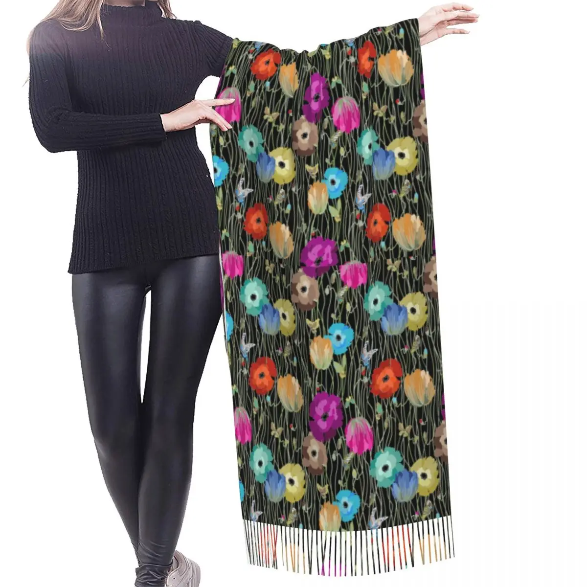 Custom Flower Multicolor Pattern Art Scarf Wrap Women Long Winter Fall Warm Tassel Shawl Unisex Scarves