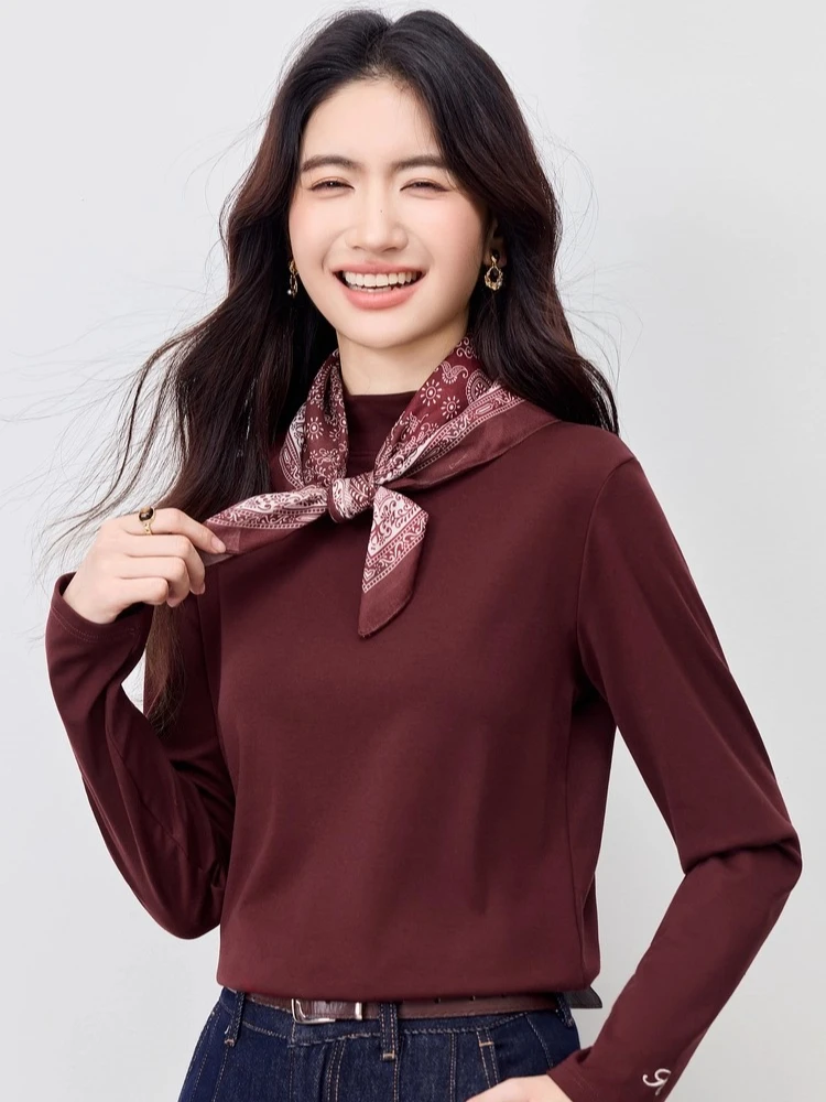 

SENTUBILA Long Sleeve Tops for Women 2025 Autumn Winter Thermal Thickened Letter Embroidery Slim Fit Top W54SF3966