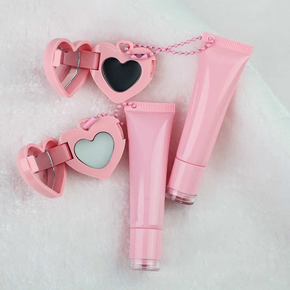 2-color Private Label Lip Oil & Blush Custom Logo Pink Hose Lipgloss Keychain with Heart-shaped Mirror Magical Blusher Makeup