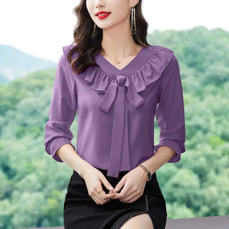 Elegant Bow Long Sleeve V Neck Shirt Women\'s Spring New Ruffled Blouses Tops 4XL