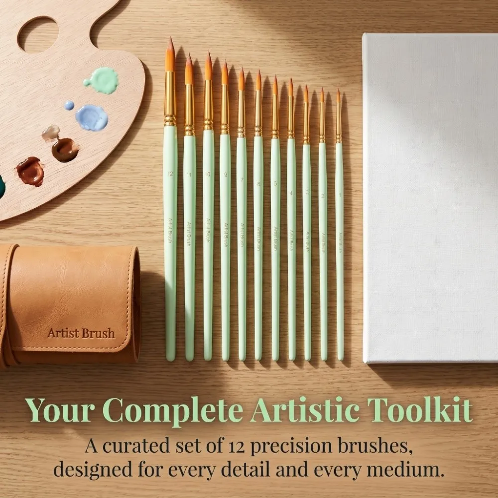 12PCS Pointed tip 12Pcs Nylon Tip Brush Set Nylon fiber Smooth grip Green Handle Painting Brushes Green pole