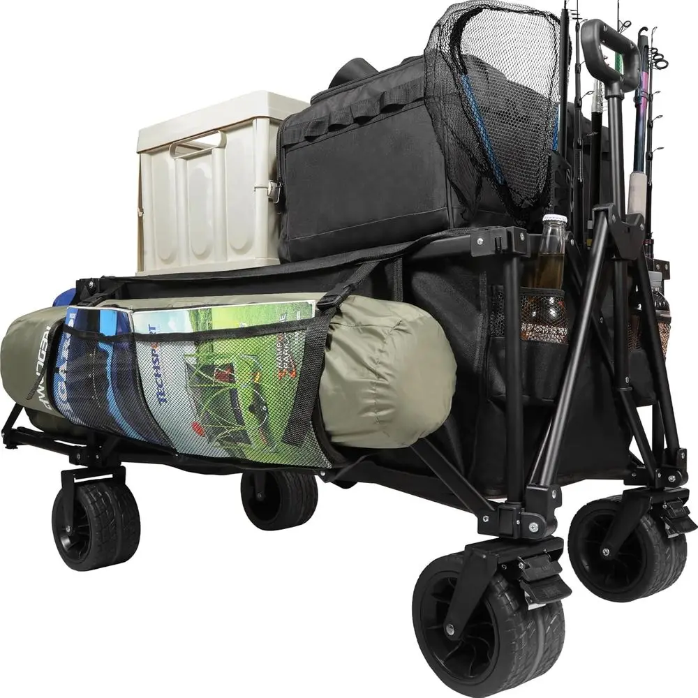 

49 Large Collapsible Beach Cart with Rod Holders, 560lbs Capacity Utility Garden Cart for All-Terrain Use