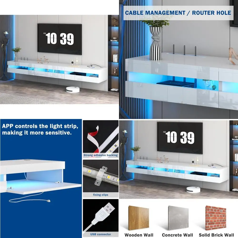 

Modern Wooden Entertainment Center: 94.5 Wall Mounted TV Shelf with Power Outlet