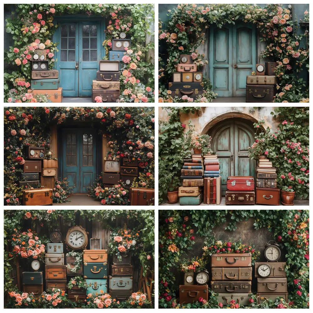 

Spring Floral Photography Backdrop Travel Luggage Flower Wall Wood Door Clock Baby Shower Kids Portrait Photo Background Decor