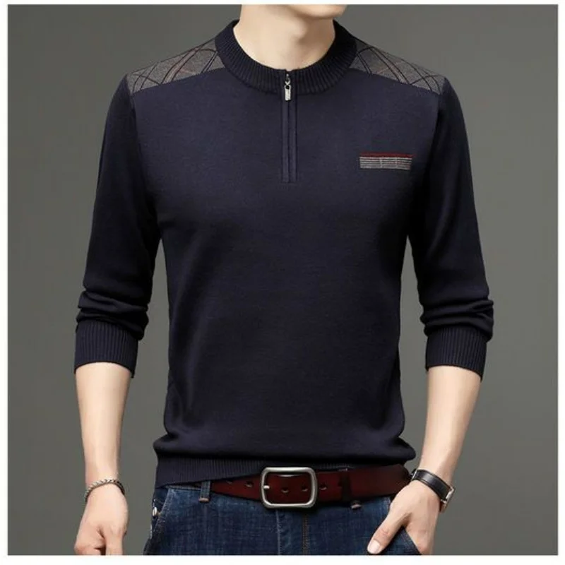 Winter Middle Aged Thick Warm Half Neck Zipper Standing Wool Sweater Print Patchwork Business Fleece Long Sleeve Top JJ334