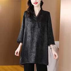 Autumn Black Silk Jacquard Long Sleeve V-Neck Blouses Women Fashion Light Casual Top Coats 2024 New Korean Elegant Loose Shirts