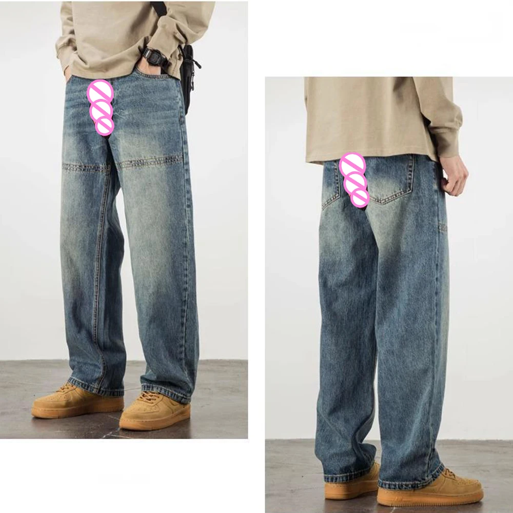 Invisible Open Crotch Outdoor Sex Baggy Jeans Y2k Retro Men's Trousers Straight Casual Denim Exotic High Street Clothing Pants
