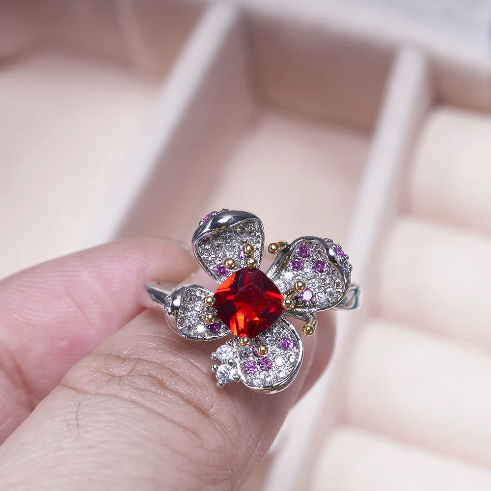 Vintage Women Butterfly Shape Ruby Color Gemstone Ring Silver 925 Jewerly Female Dating Party Finger Ring Gift Wholesale