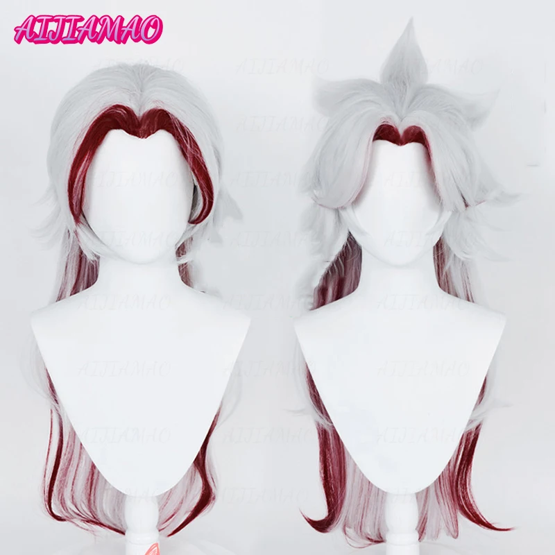 impact Arataki Itto Cosplay Wig Long Silver Red Heat Resistant Synthetic Hair Anime Wigs + Wig Cap + Horn