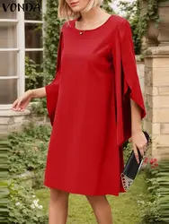 Plus Size VONDA Women Elegant Mini Dress Long Cape Sleeve Casual Short Vestido 2024 Autumn O-Neck Solid Color Party Evening Robe