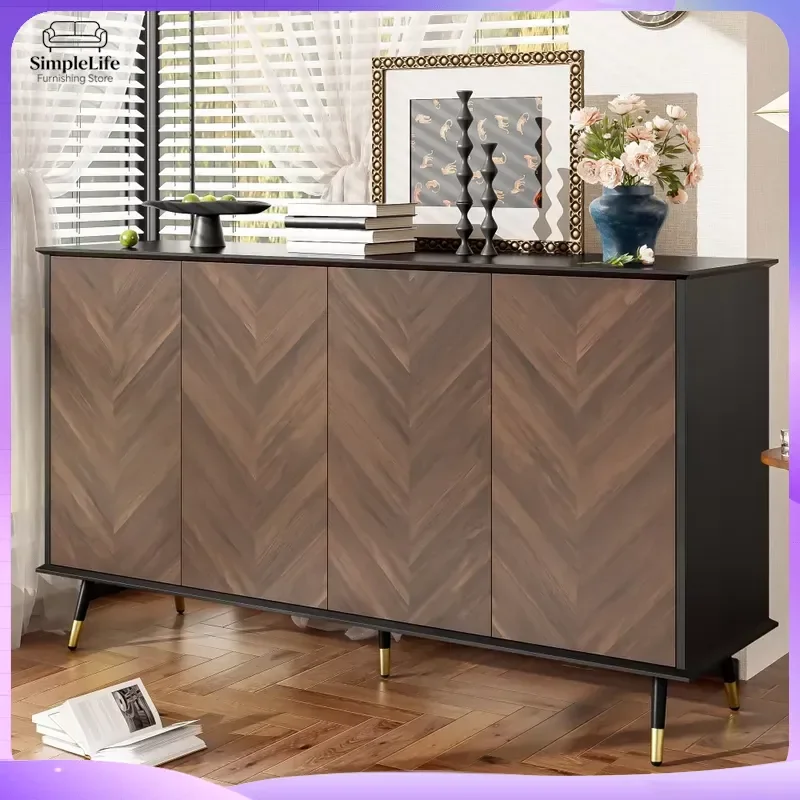PINGGO Living Room Sideboard Cabinet with Herringbone Pattern 4 Door Buffet Storage Unit Adjustable Shelves MDF Wood Metal