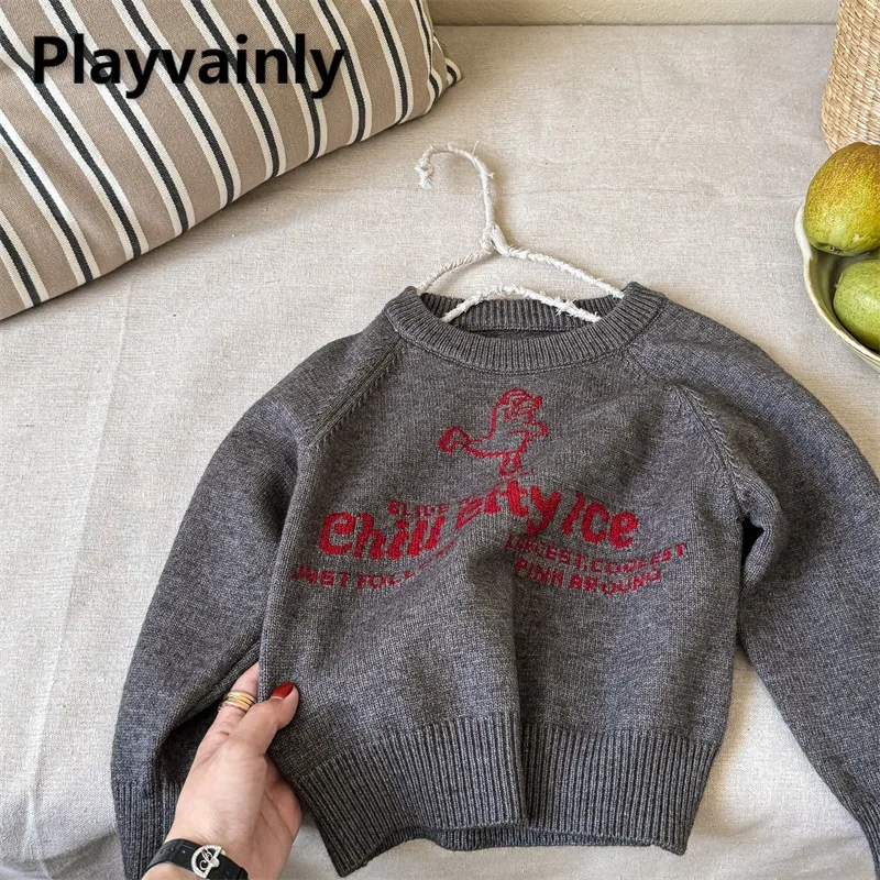 

New Spring Autumn Children Korean Style Sweaters Pullover Letter Cartoon Long Sleeve Knitted Tops Boy and Girl Clothes A5551