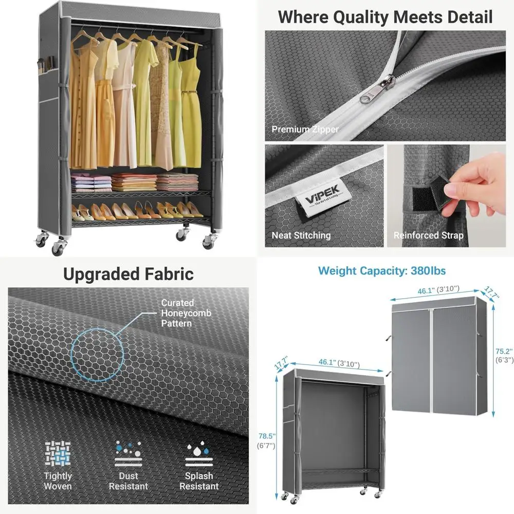 رف ملابس محمول عالي التحمل مع أرفف قابلة للتعديل وعجلات قفل لتخزين الملابس