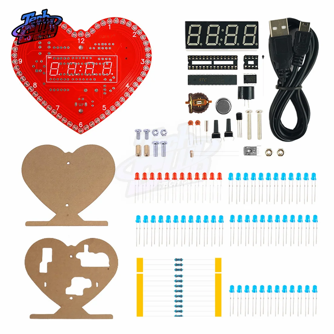 DIY Led Module Heart Shaped 4-Digit Clock Date/Time/Temperature/Week Alarm Clock Music Soldering Suite for Festival Decoration