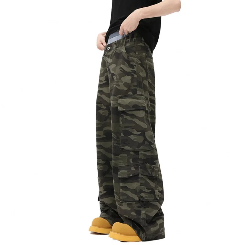 New  Men's Jeans Washed Camouflage Multi-pockets Straight Wide Leg Male Droop Denim Pants New Stylish