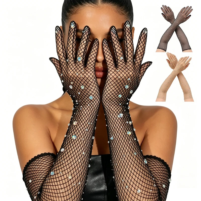 Gants longs en maille à paillettes et strass pour cosplay, fête, robe, punk, hip hop, performance scénique, accessoire de costume pour femme, cadeau