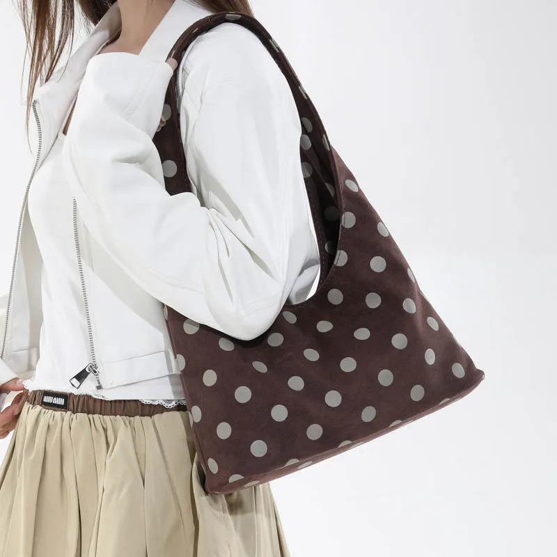 Korean Style Polka Dot Hobo Bags for Women Large Capacity Canvas Single Shoulder Bag Vintage Tote Bags Lady Casual Daily Handbag