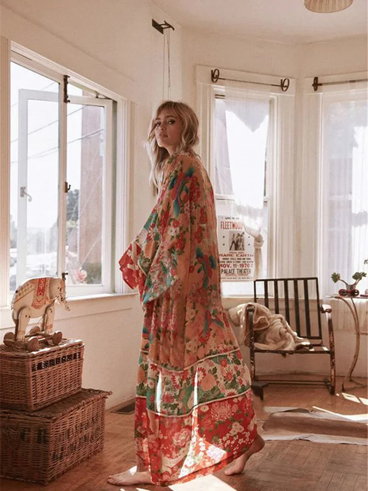 Vintage Print Floral Beach Cover Up Summer Swimwear Bikini Outerwear Flare Sleeve Oversize Long Cardigans